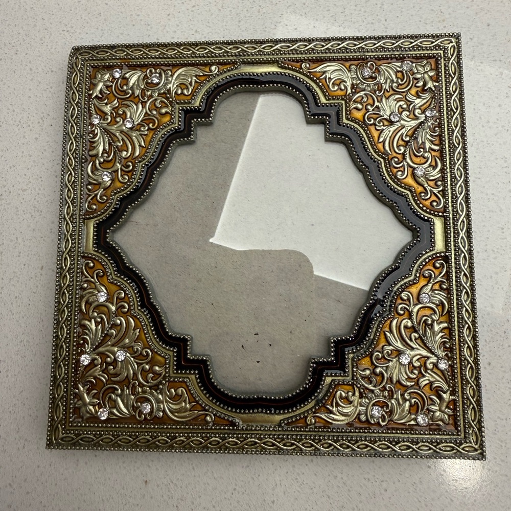 Ornate Black Tan Gold Tone Enamel Floral Rhinestones Frame Heavy - Picture 7 of 15